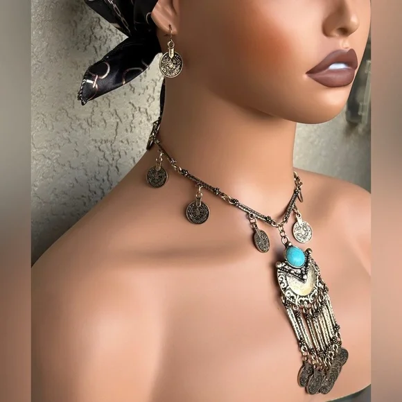 Southwestern Style Turquoise and Gold Banjar Coin Necklace Set - Picture 1 of 13